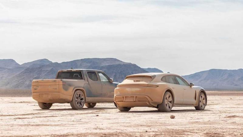 Porsche Taycan Rivian R1T desert