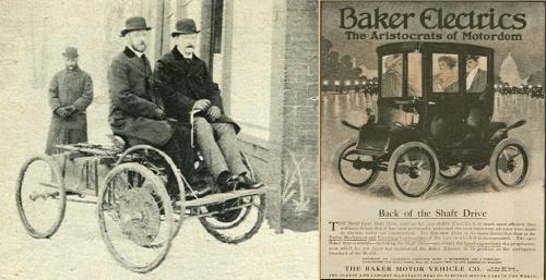 Το ηλεκτρικό Baker του 1899 (αριστερά) και η αφίσα της εποχής, με το σλόγκαν «Η αριστοκρατία της μηχανοκίνησης»