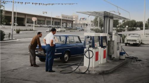 Ανεφοδιασμός επί της αντλίας με μολυβδούχο βενζίνη. Το κτήριο απέναντι αποτελεί στεγάζει την ΕΛΦΙΝΚΟ ΑΕ, εισαγωγέα και αντιπρόσωπο των αυτοκινήτων εισαγωγή και την εμπορία των αυτοκινήτων της Cadillac, της Chevrolet και της Opel.